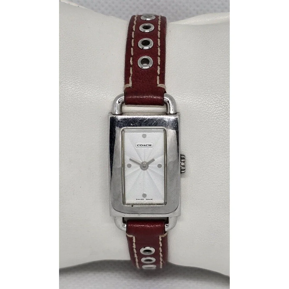 Women's Coach Petite Tank Silver Tone Red Leather Strap Watch 0219 14 - Picture 1 of 9